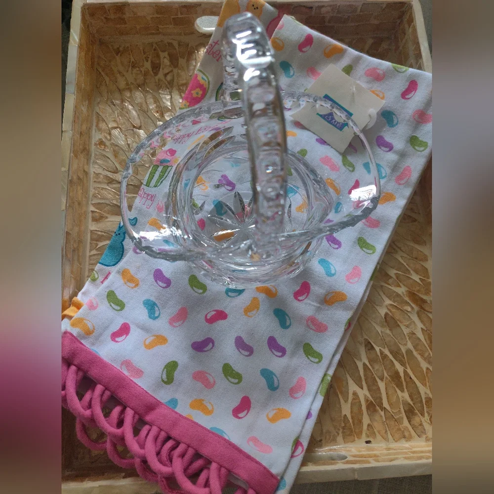Vintage crystal basket with bonus Easter towels.